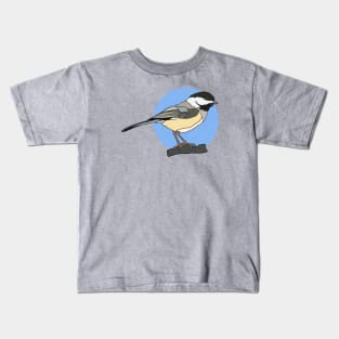 Black Capped Chickadee on Blue Kids T-Shirt